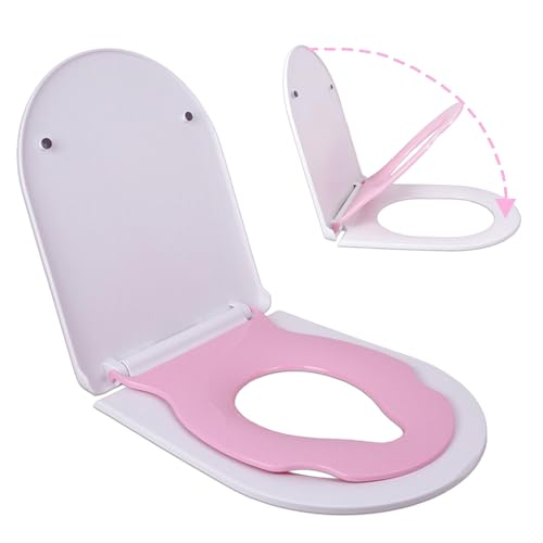 Toddler Toilet Seat with Built-In Child Seat, Soft Close, Pink | Quick-release design removes easily for deep cleaning around hinges and hard-to-reach areas, keeping the toilet cleaner. - size: 18Pink