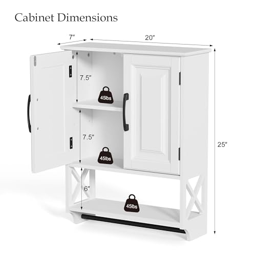 20" x 25" Bathroom Wall Cabinet with Towel Bar, White Painted Wall Mounted Storage Cabinet with Adjustable Shelf, Over The Toilet Medicine Cabinet, Wood Wall Cabinet for Bathroom Laundry Room - size: 20"D x 7"W x 25"H