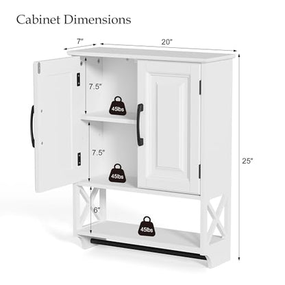 20" x 25" Bathroom Wall Cabinet with Towel Bar, White Painted Wall Mounted Storage Cabinet with Adjustable Shelf, Over The Toilet Medicine Cabinet, Wood Wall Cabinet for Bathroom Laundry Room - size: 20"D x 7"W x 25"H