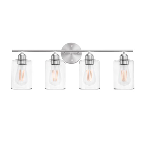 Bathroom Vanity Light Fixtures Brushed Nickel,4 Lights Rustic Farmhouse Vanity Bar Lighting Over Mirror Modern Industrial Wall Sconces Lamp with Cylinder Glass Shade - color: Brushed Nickel, size: 4 Lights
