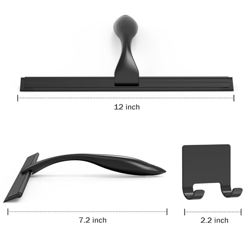All-Purpose Stainless Steel Shower Squeegee for Shower Glass Door with Adhesive Hook, Bathroom Cleaner Tool Household Window Mirror Squeegee for Glass Doors, Cleaning Tile Wall, Car, 12 inch, Black - size: 12-inch