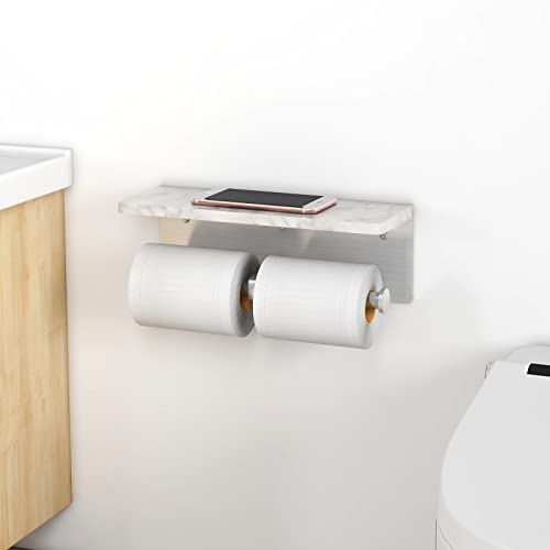 Gypie Toilet Paper Holder with Marble Shelf, Double Brushed Nickel | Stainless Steel Tissue Roll Paper Holder Wall Mount for Bathroom Washroom - color: Brushed Nickel Double