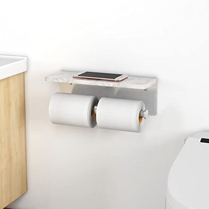 Gypie Toilet Paper Holder with Marble Shelf, Double Brushed Nickel | Stainless Steel Tissue Roll Paper Holder Wall Mount for Bathroom Washroom - color: Brushed Nickel Double