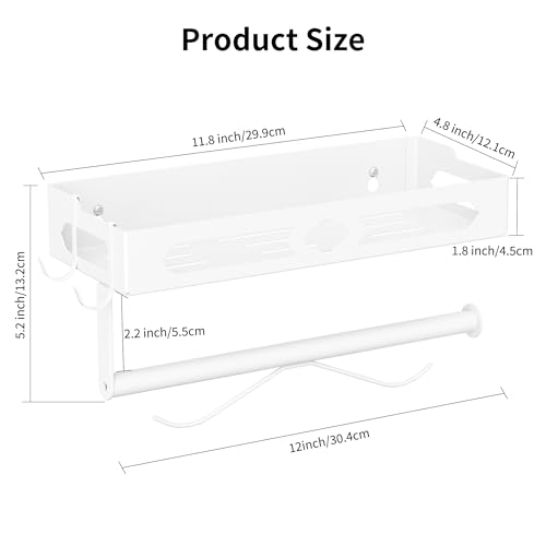 Wall Mount Paper Towel Holder with Shelf for Bathroom, Kitchen,White 2Hooks | Metal Spice Rack, Easy One-Hand Tear Design Mounted Hanging Hand Paper Towel Roll Holder for RV, Home(Self Adhesive or Drill) - color: White