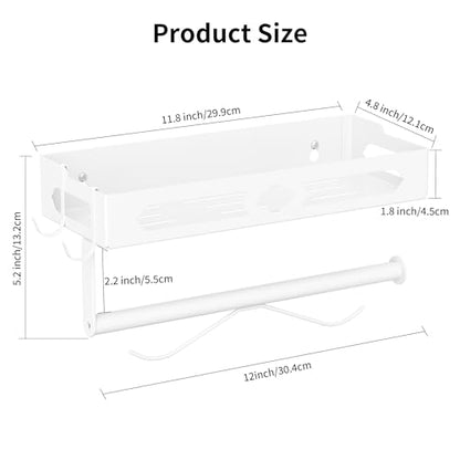 Wall Mount Paper Towel Holder with Shelf for Bathroom, Kitchen,White 2Hooks | Metal Spice Rack, Easy One-Hand Tear Design Mounted Hanging Hand Paper Towel Roll Holder for RV, Home(Self Adhesive or Drill) - color: White