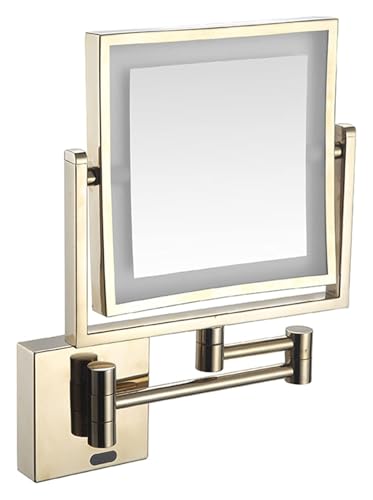 Wall Mounted Lighted Makeup Mirror Square Wall Mounted Double Sided 1X/3X Magnifying Mirror Rotation Extension Bathroom Mirror(Gold,Hardwired) - color: Gold