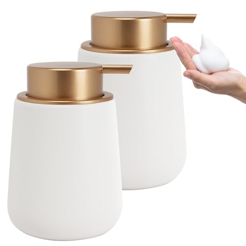 Soap Foaming Dispenser Ceramic with Easy-to-Press Pump Hand Foam Dispenser for Shampoo Bathroom Kitchen 12 oz 2pcs - color: Foam-goldwhite