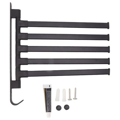 Black Aluminum Swivel Towel Bar, Wall Mounted 180 Degree Rotating Multi-Arm Towel Rack with Bottom Hook for Bathroom Kitchen(5-Arm) - size: 5-Arm