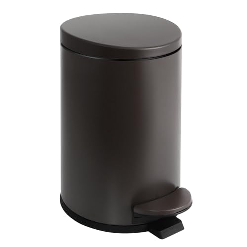 TIPGO Small Bathroom Trash Can with Lid Soft Close, 1.2 Gal, Brown | Hands-Free Step Pedal, Removable Inner Bucket, 4.5 Liters, Round Stainless Steel Garbage Can for Bedroom, Office, Kitchen - color: Brown