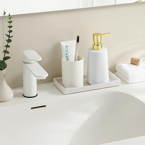 YAUKPH Small Soap Dispenser for Bathroom and Kitchen Matte White and Gold | Modern Farmhouse Striped Style Plastic Hand Soap Dish Soap Dispenser with Pump - color: White and Gold