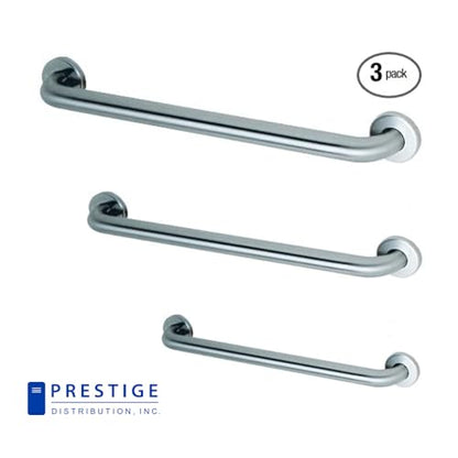 Prestige Commercial Grab Bar Bundle 3-Pack 1.5in Dia 18/36/42in ADA | Satin-Finish Stainless Steel; 1.5in Diameter; lengths 18/36/42in; 3-piece assortment; ADA compliant - style: 3 Piece Assortment New