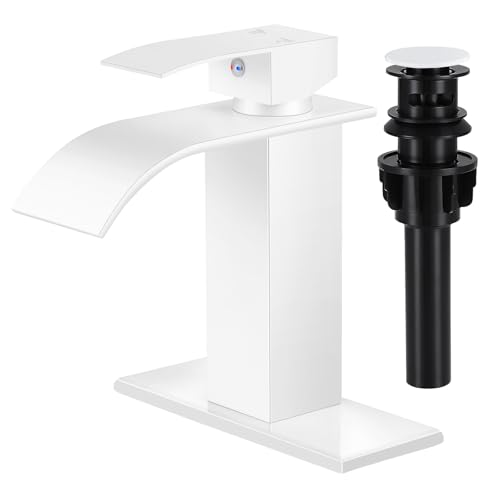 Bathroom Faucets White Waterfall Single Handle Bathroom Sink Faucet | with Pop-up Drain & Deck,Supply Hoses,Single Handle Vanity Faucet,Stainless Steel,1 or 3 Hole,RV,Farmhouse Bathrooms - color: A-White, style: Short