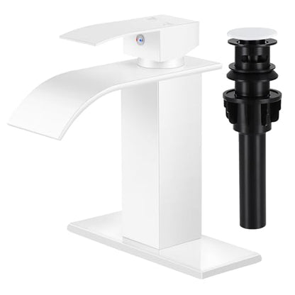Bathroom Faucets White Waterfall Single Handle Bathroom Sink Faucet | with Pop-up Drain & Deck,Supply Hoses,Single Handle Vanity Faucet,Stainless Steel,1 or 3 Hole,RV,Farmhouse Bathrooms - color: A-White, style: Short