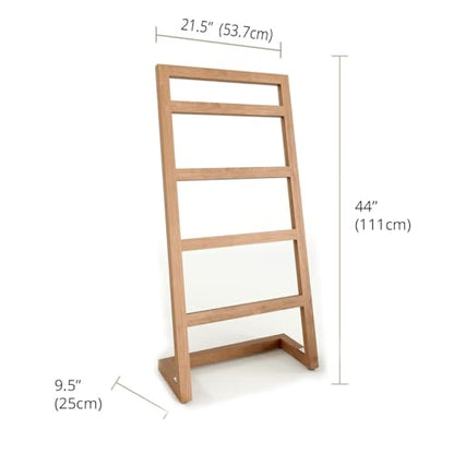 AquaTeak Patented 44"" Sula Teak Free Standing Towel Rack - 4-Rung Angled Hand Towel Holder for Bathroom - Durable Water Resistant Shower Organizer & Drying Rack, Non-Slip Rubber Feet