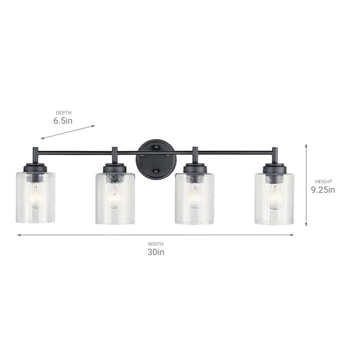 Kichler Winslow 4-Light Farmhouse Vanity Light, Black | Clear seeded glass vanity light with industrial styling (30" x 9.25" x 6.5"), 45887BK - color: Black, size: 30"