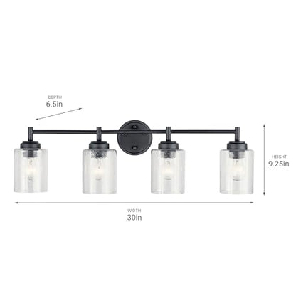 Kichler Winslow 4-Light Farmhouse Vanity Light, Black | Clear seeded glass vanity light with industrial styling (30" x 9.25" x 6.5"), 45887BK - color: Black, size: 30"