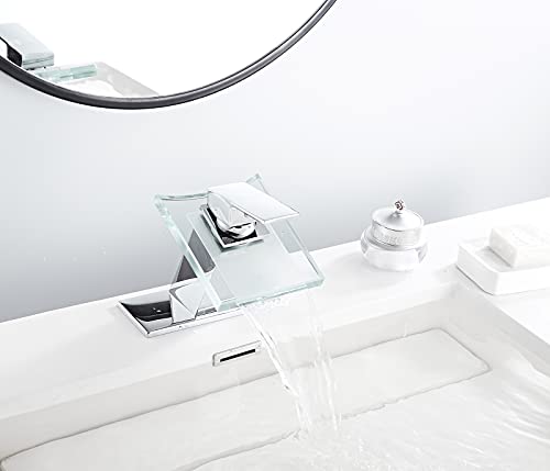 Waterfall Bathroom Sink Faucet Glass Spout One Handle with Deck Plate | Single Hole Basin Vanity Bathroom Sink Faucet Chrome Solid Brass Lavatory Bath Tap Modern Design - color: Chrome, style: No Led light