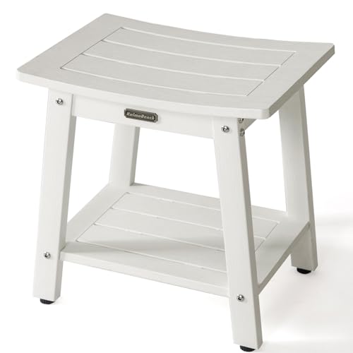 Shower Bench Waterproof Shower Stool with Storage Shelf & Adjustable Feet | Plastic Shower Stool Seat for Shaving Legs, Spa Bath Seat, Heavy Duty, HDPS, Anti-Rotting, Non-Slip, No Maintenance, White