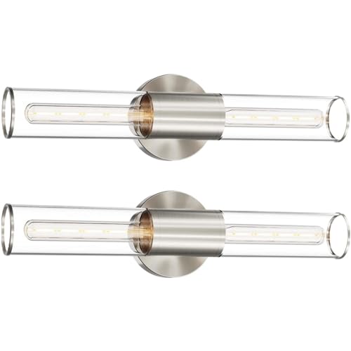 Bathroom Vanity Light Fixture, 2-Light Brushed Nickel Wall Sconce Lighting Fixture with Clear Glass, Indoor E26 Socket Silver Wall Lamp for Mirror Living Room Hallway, 2 Pack - color: Clear Glass-Silver, size: 2 Count (Pack of 1)