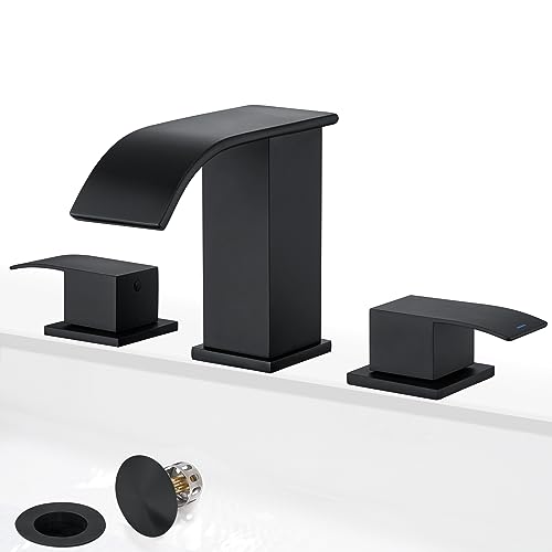 GAGALIFE 8 Inch Waterfall Bathroom Faucets - 3 Hole Widespread Bathroom Faucet with Pop-up Drain, Bathroom Sink Faucet, Modern Vanity Sink faucets with Supply Lines, Matte Black, JJL-3JT-PB-B-DXS-X - color: Matte Black, style: With Drain