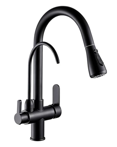 WANFAN Kitchen Faucet with Water Filter Spout, Black | 2 in 1 Pull Down Sink Faucet,NSF Certified Filtered Purified Water Tap,Detachable Deck Plate 1 or 3 Hole,Stainless Steel - color: Black