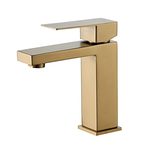 VOTON Brushed Gold Bathroom Faucet, Modern Bathroom Faucet 1 Hole, Single Handle Bathroom Sink Faucet Brushed Gold with Deck Plate & Water Supply Hoses - color: B-Brushed Gold, style: Without Drain