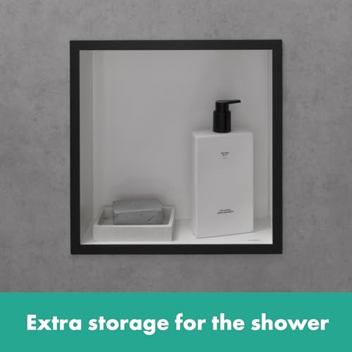 hansgrohe XtraStoris Individual Recessed Wall Niche Matte White with Design Frame 12"x 12"x 4" in Brushed Black Chrome, 56099340 - color: Brushed Black Chrome