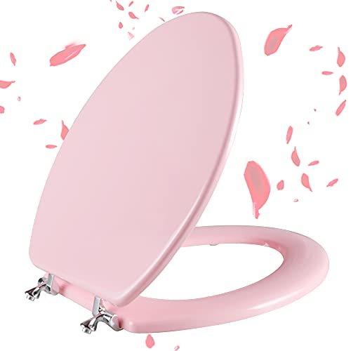 Angol Shiold Wood Toilet Seat, Zinc Alloy Hinges (Elongated, Pink) | Elongated Toilet Seat, Scratch Resistant Wood Surface, Easy to Install and Clean - color: Pink, size: Elongated