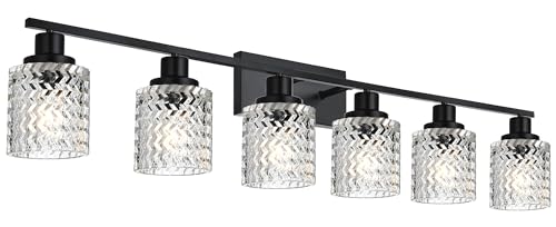 MELUCEE 6 Lights Bathroom Lighting Fixtures Over Mirror Black | Vanity Light with Hammered Glass Shade Indoor Wall Mounted Lamp for Bathroom Bedroom Kitchen - color: Black, size: 6 Lights