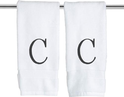 White with Black Monogrammed Hand Towels for Bathroom - Set of 2 Letter C | Luxury Hotel Quality Initial Towels For Powder Room, Spa, GOTS Organic Certified - color: Black, size: Initial C