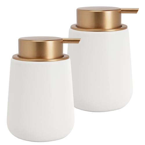 Soap Liquid Dispenser Ceramic with Easy-to-Press Pump Hand Liquid Dispenser for Shampoo Bathroom Kitchen 12 oz 2pcs - color: Liquid-goldwhite
