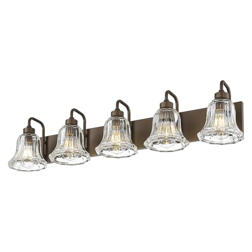 zeyu 5-Light Bronze Bathroom Vanity Light, Striped Glass, ZJX117B-5W ORB | Striped Glass Bathroom Light, 37.8-Inch 5-Light Design, Oil Rubbed Bronze Finish, Hardwired, E26 Up To 60W Each, ETL Listed - color: ORB+Clear Striped Glass, size: 5-Light