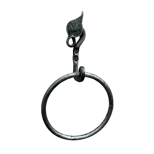 Living Ideas Hand Forged Metal Leaf Wall Mounted Hand Towel Holder Modern Farmhouse Kitchen or Bathroom Heavy Duty Towel Ring Holder Black Antique Finish Wrought Iron