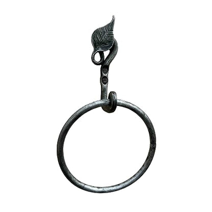 Living Ideas Hand Forged Metal Leaf Wall Mounted Hand Towel Holder Modern Farmhouse Kitchen or Bathroom Heavy Duty Towel Ring Holder Black Antique Finish Wrought Iron