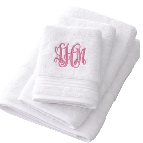 Personalized Monogrammed Bath Towel Set, 100% Cotton, Custom Embroidered Initials, Hotel Style, White Navy Grey Beige - color: White