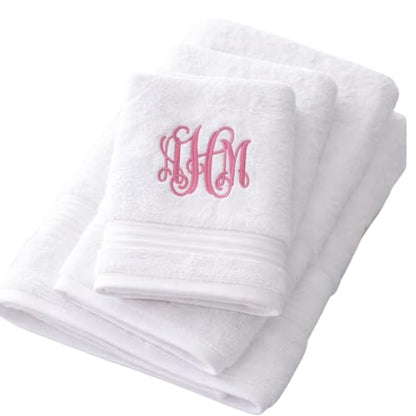 Personalized Monogrammed Bath Towel Set, 100% Cotton, Custom Embroidered Initials, Hotel Style, White Navy Grey Beige - color: White