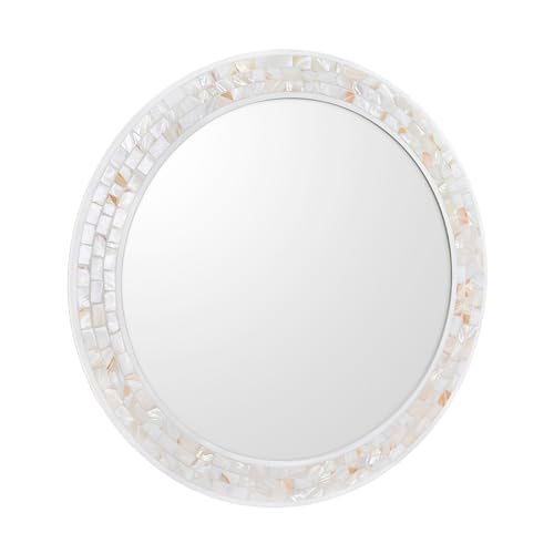 30 Inch Round Wall Mirror with White Frame for Bathroom Bedroom | Handcrafted Mother of Pearl Mosaic Inlay Frame, 3mm Tempered Glass, Coastal Seashell Decor - size: 30"L x 30"W