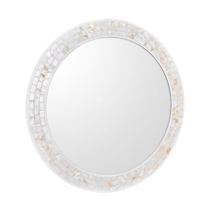 30 Inch Round Wall Mirror with White Frame for Bathroom Bedroom | Handcrafted Mother of Pearl Mosaic Inlay Frame, 3mm Tempered Glass, Coastal Seashell Decor - size: 30"L x 30"W
