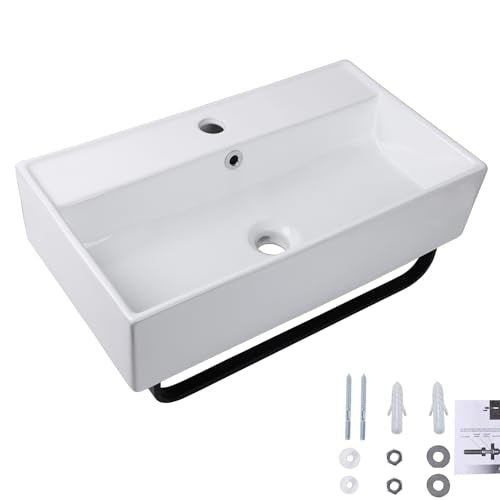 Wall Mount Rectangular Vessel Sink with Towel Rack, QISHKA 21.5"x12.5" Modern Ceramic Bathroom Floating Sink, White Rectangle Vanity Sink with Overflow, Wall Hung Wash Hand Basin - size: 21.5" x 12.5" x 5.1"
