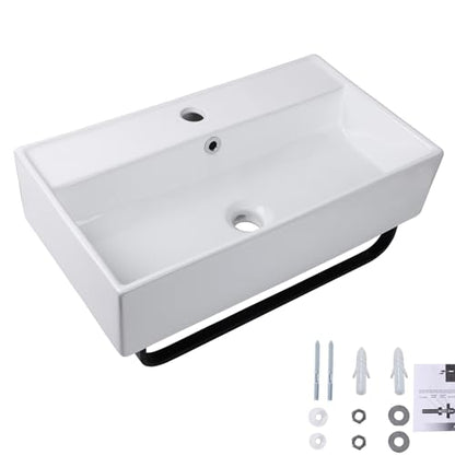 Wall Mount Rectangular Vessel Sink with Towel Rack, QISHKA 21.5"x12.5" Modern Ceramic Bathroom Floating Sink, White Rectangle Vanity Sink with Overflow, Wall Hung Wash Hand Basin - size: 21.5" x 12.5" x 5.1"