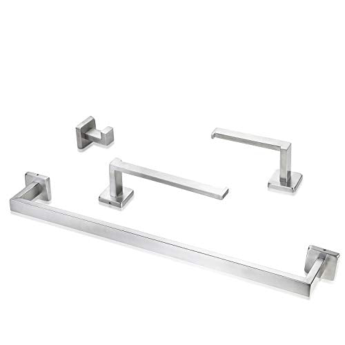Rustproof 4-Piece Black Bathroom Hardware Set Including Towel Bar Toilet Paper Holder Towel Holder Robe Hook SUS304 Stainless Steel Wall Mount Contemporary Square Style Accessory, - color: Brushed Nickel