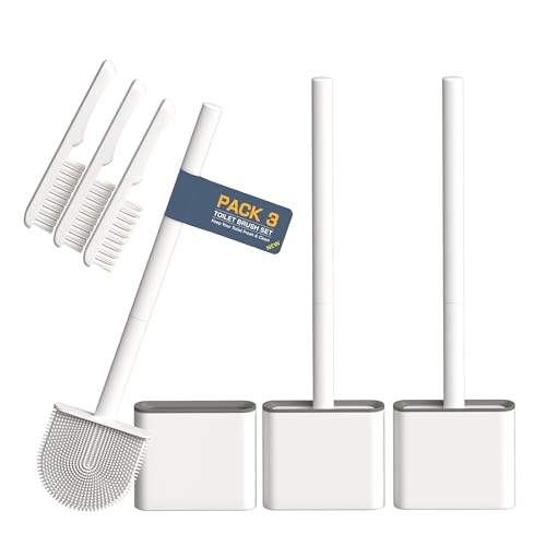 3 Pack Silicone Toilet Brushes & Holders– Includes 3 Crevice Brushes for Bathroom, Long Non-Slip Handle – Durable Bathroom Cleaning Set.