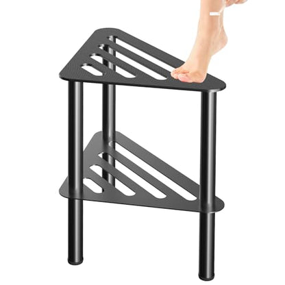 Corner Shower Foot Stool for Shaving Legs, Rust-Proof Non-Slip with Storage | Black Light Metal Shower Foot Rest Bench, Waterproof Double Layer Bathroom Small Step Stools, Spa Foot Step for Inside Shower