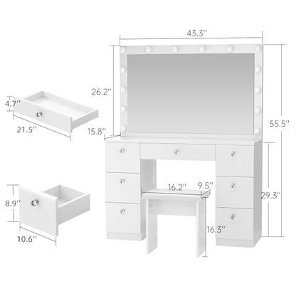 VOWNER Vanity with Lighted Mirror - Makeup Vanity Desk with Power Outlet and 7 Drawers, 3 Color Lighting Modes Adjustable Brightness, 44" Vanity Table with Soft Cushioned Stool for Women Girls, White - color: White