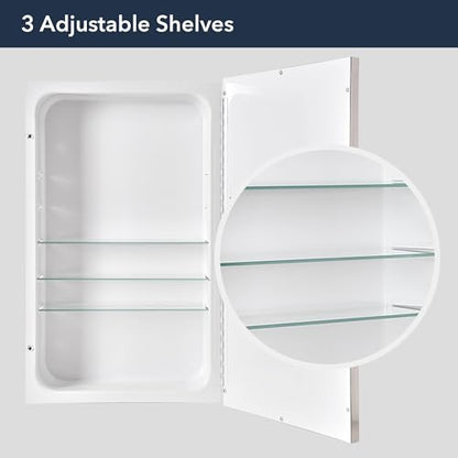 Head West Brushed Nickel with Chrome Recessed Medicine Cabinet Mirror 16"x26"- Stainless Steel Bathroom Mirror with Storage, Beveled Edge, and Adjustable Shelves - Small Medicine Cabinets for Bathroom