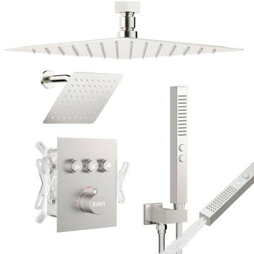 Shower Faucets Sets Brushed Nickel Shower System,12" Ceiling Rainfall Shower and 6" Wall Mount with 2 in 1 Handhled, Can Use All at Once, Thermostatic Shower Set with Valve and Trim Kit - color: Brushed Nickel, size: 6+12 inch-11