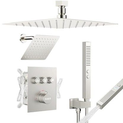 Shower Faucets Sets Brushed Nickel Shower System,12" Ceiling Rainfall Shower and 6" Wall Mount with 2 in 1 Handhled, Can Use All at Once, Thermostatic Shower Set with Valve and Trim Kit - color: Brushed Nickel, size: 6+12 inch-11