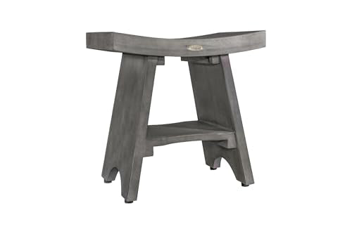 EcoDecors Serenity Teak Wood Shower Bench with Shelf 18 Inch Lunar Gray Finish Solid Teak Bathroom Seat Storage Non Slip Adjustable Feet Slatted Drainage Design for Shower Spa Sauna Indoor Outdoor Use