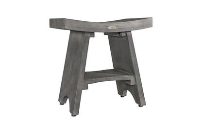 EcoDecors Serenity Teak Wood Shower Bench with Shelf 18 Inch Lunar Gray Finish Solid Teak Bathroom Seat Storage Non Slip Adjustable Feet Slatted Drainage Design for Shower Spa Sauna Indoor Outdoor Use