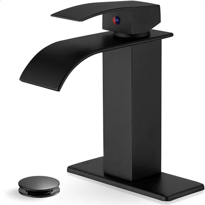 Matte Black Bathroom Faucet 1 Hole or 3 Hole (4 Inch), Brass Waterfall Faucet for Bathroom Sink, Modern Bathroom Faucets Single Handle with Deck Plate & Pop-up Drain Supply Hoses No Noise - color: Matte Black - Modern